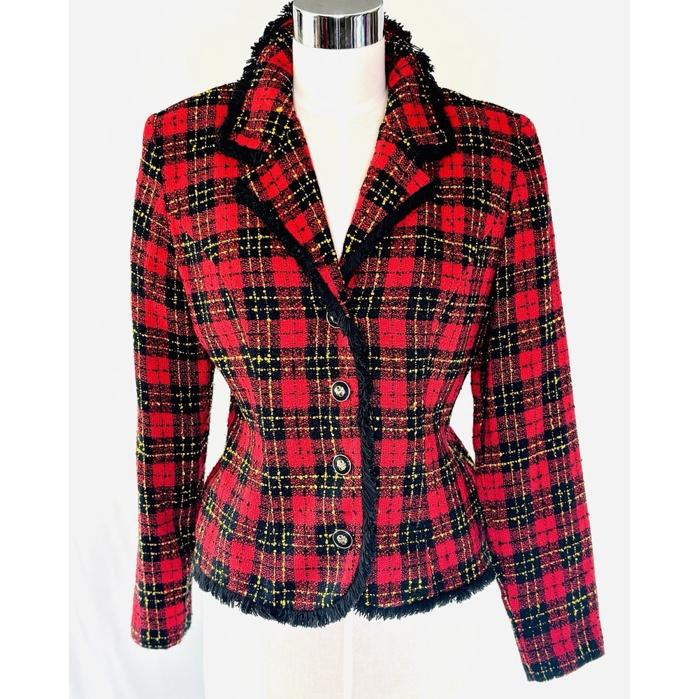 Michael Blair Vintage red and black plaid Christmas blazer by designer